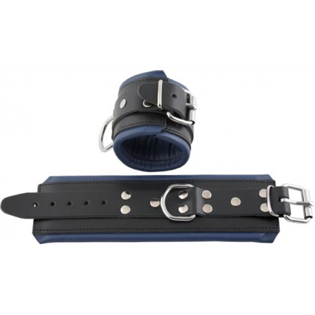 Mister B Wrist Restraints Black With Blue Padding coppia di bracciali per polsi leather pelle per restrizioni