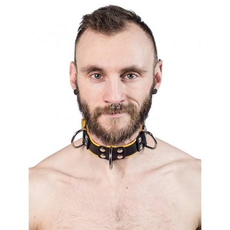 Mister B Leather Slave Collar 4 D Rings Yellow collare in pelle regolabile per restrizioni con anelli D