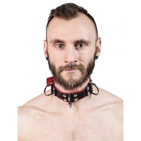 Mister B Leather Slave Collar 4 D Rings Red collare in pelle regolabile per restrizioni con anelli D