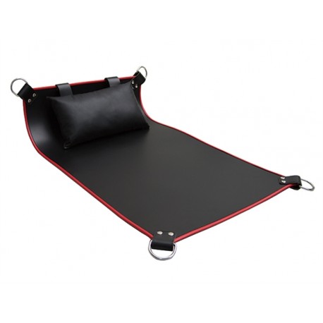 Mister B Four Point Leather Sling Red Piping sling con cuscino leather in pelle nero e bordino rosso