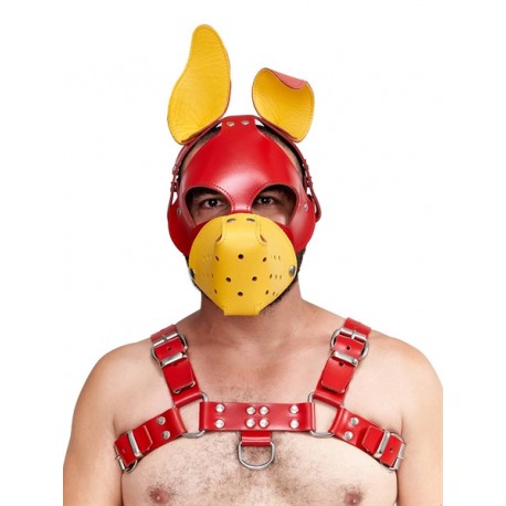 Mister B Leather Circuit Shaggy Dog Hood Red Yellow testa di cane maschera in pelle