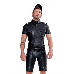 Mister B Leather Police Shirt Short Sleeves Blue Piping camicia police in pelle nero bordini in blue