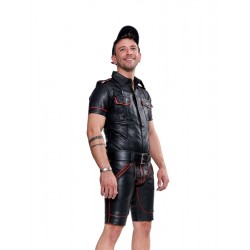 Mister B Leather Police Shirt Short Sleeves Red Piping camicia police in pelle nero bordini in rosso