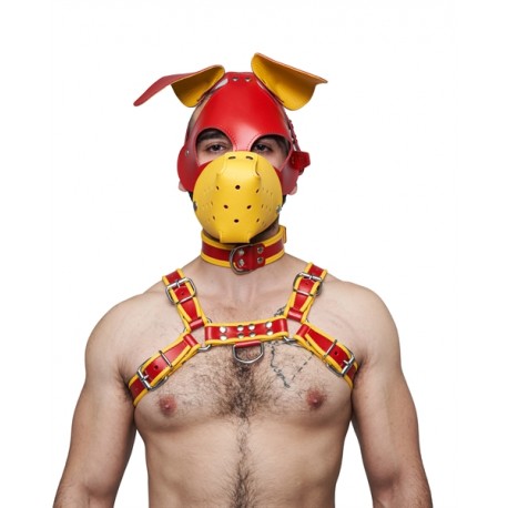 Mister B Leather Circuit Floppy Dog Hood Red Yellow testa di cane maschera in pelle