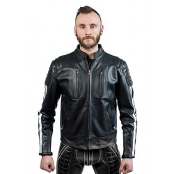 Mister B Biker Jacket White stripes giubbotto motociclista in leather pelle con righe bianco