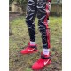 Mr Riegillio PVC Tracksuit Pants Red Stripes pantaloni tuta in PVC lucido con righe