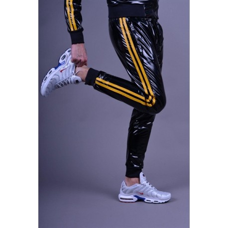 Mr Riegillio PVC Tracksuit Pants Yellow Stripes pantaloni tuta in PVC lucido con righe